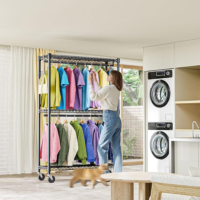Heavy Duty Rolling Garment Rack 3 Tiers Adjustable Wire Shelving Clothes Rack - Image 6