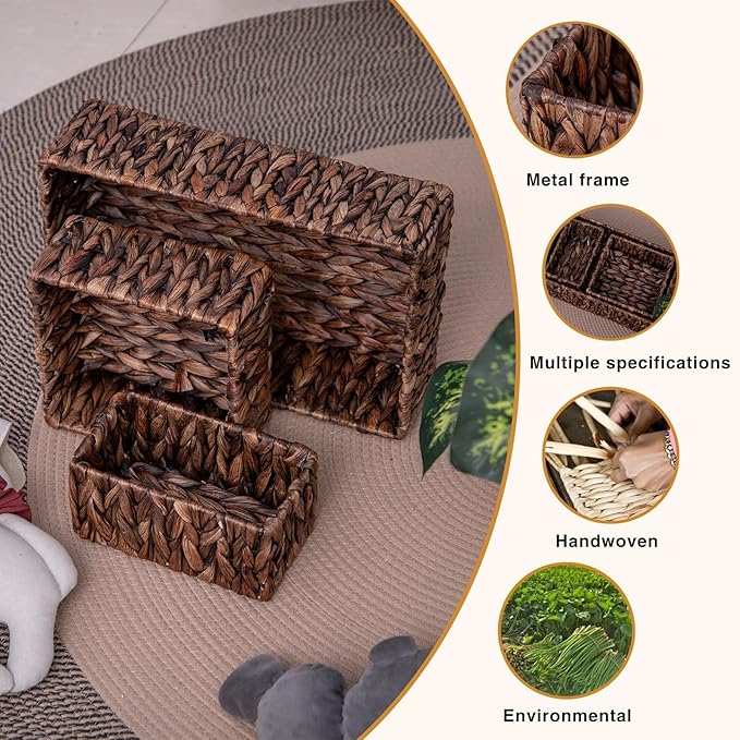 Handwoven Wicker Storage Baskets Set, Natural water hyacinth & Iron Frame | - Image 5