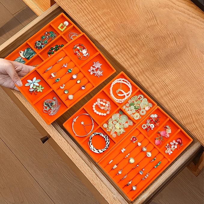 Jewelry Organizer Tray Stackable Velvet Jewelry Trays Drawer Inserts Earring - Image 4