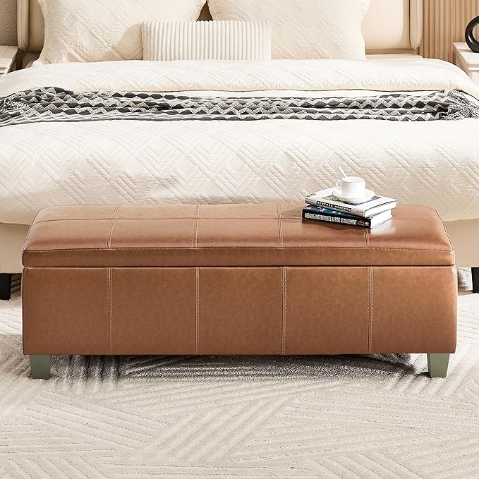 41" Faux Leather Storage Ottoman, Stitch Tufted Rectangle Upholstered End of - Image 7