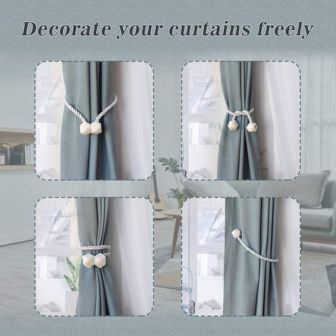 Hion Magnetic Curtain Tiebacks White 6 Pack, Curtain Tiebacks Buckles Holdbacks - Image 4