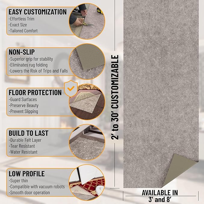 Ottomanson 3' x 5' Non-Slip Rug Pad Gripper 1/4 Inch Thick Dual Surface Felt + - Image 2