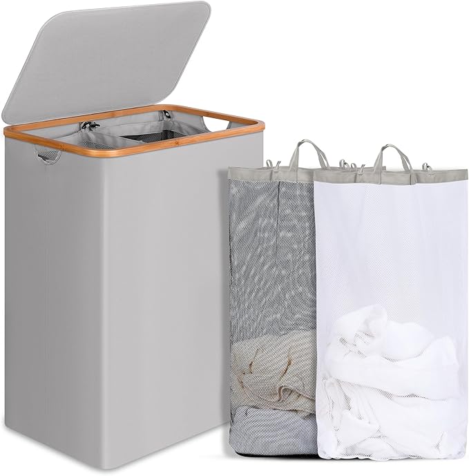 Double Laundry Hamper with Lid, Divided Laundry Hamper with Removable Bags by efluky