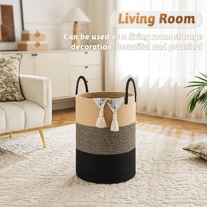 Laundry Basket, Woven Cotton Rope Laundry Hamper, 60L - Image 5