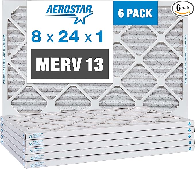 Aerostar 8x24x1 MERV 13 Pleated Air Filter, AC Furnace Air Filter, 6 Pack by AirFiltersDelivered