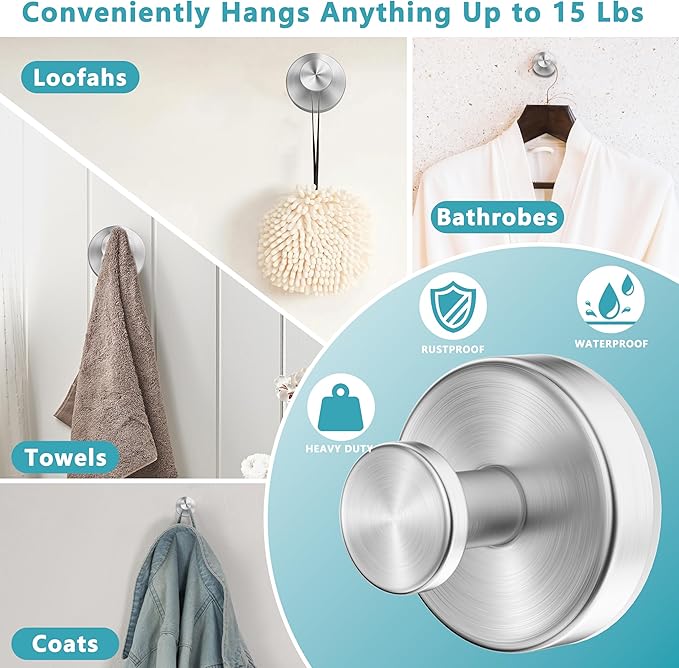 Suction Cup Hooks for Shower, Removable No Drill Towel Hooks, Upgraded 15 lbs - Image 5