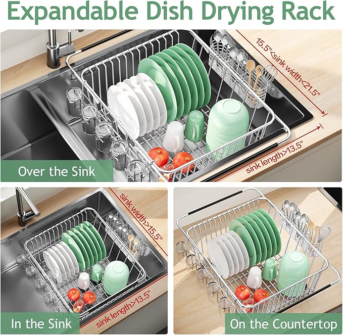 Dish Drying Rack in Sink, Extendable Stainless Steel Dish Drainers - Image 2