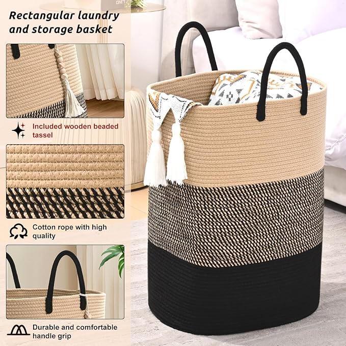 Woven Laundry Basket for Clothes, 80 L Large Rectangle Laundry Hampers - Image 3