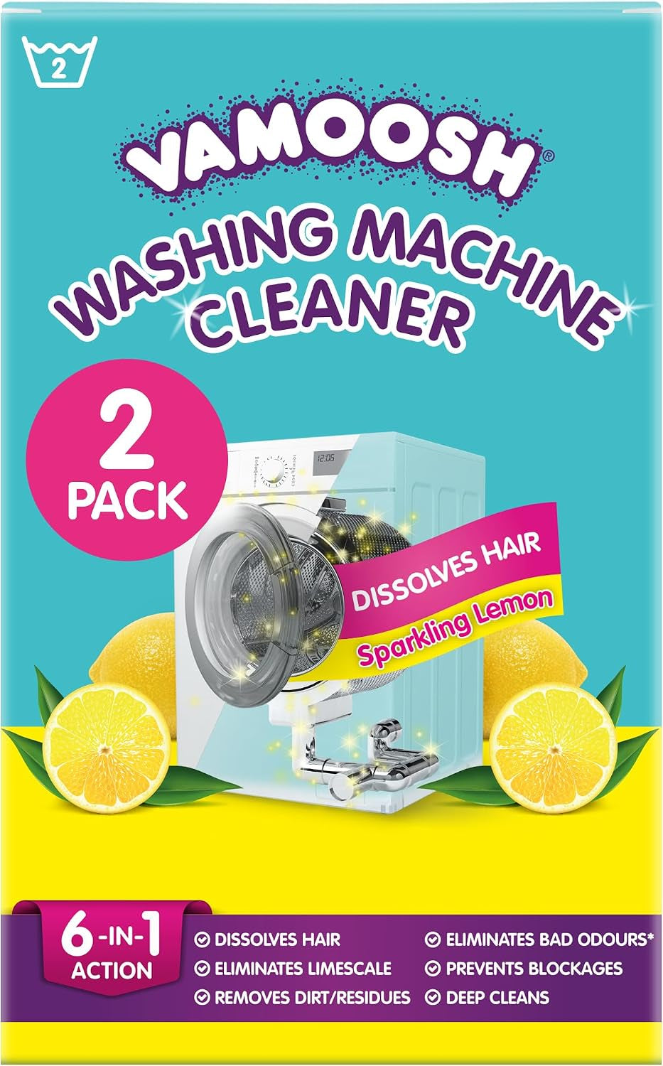 6-In-1 Washing Machine Cleaner | for Front & Top Load Washers | Lemon Fresh Scent | Patented Hair Dissolving Technology | Removes Limescale | Made in UK | No Harmful Chemicals | 2X150G