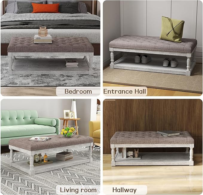 48" Large Ottoman with Storage Coffee Table, Upholstered Tufted Linen Ottoman - Image 5