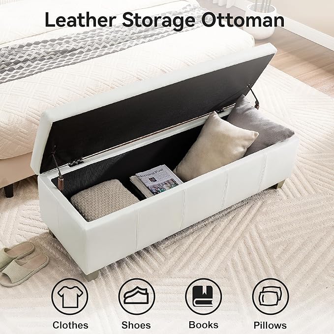 41" Faux Leather Storage Ottoman, Stitch Tufted Rectangle Upholstered End of - Image 3