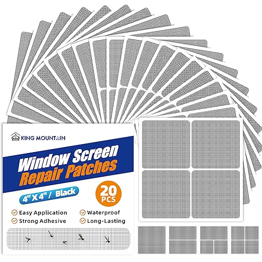 KING MOUNTAIN 20 Sheets Black Window Screen Repair Patches, 4×4 in Window by ForABetterHomeLife