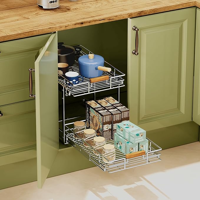 Pull Out Cabinet Organizer, 2 Tier Wire Basket Slide Out Shelf Storage - Image 6