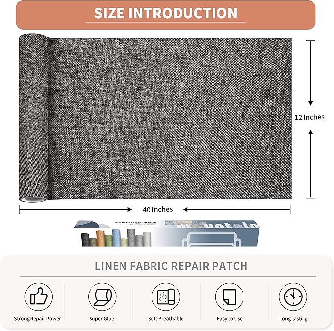 KING MOUNTAIN Coarse Linen Repair Patches, Self-Adhesive, 12x40 Inch, Dark Grey - Image 2