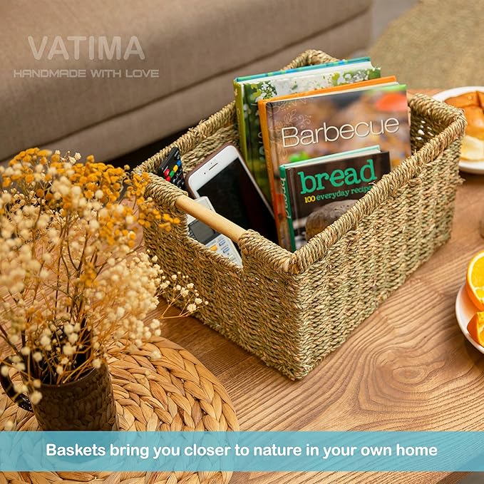 Natural Seagrass Basket with Wooden Handle, Medium Rectuangular Wicker Basket - Image 9