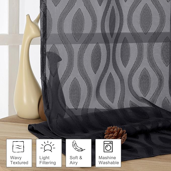 Aiyufeng Black Kitchen Curtains 14 Inch Length, Clip Jacquard Chic Wavy Line - Image 2