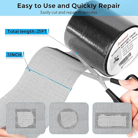 Black Window Screen Repair Tape, 3IN X 25FT Screen Repair Kit - Image 3