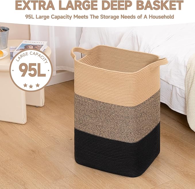 CLHMILY&Z 95L Laundry Basket Rectangular Black Jute Rope - Image 4
