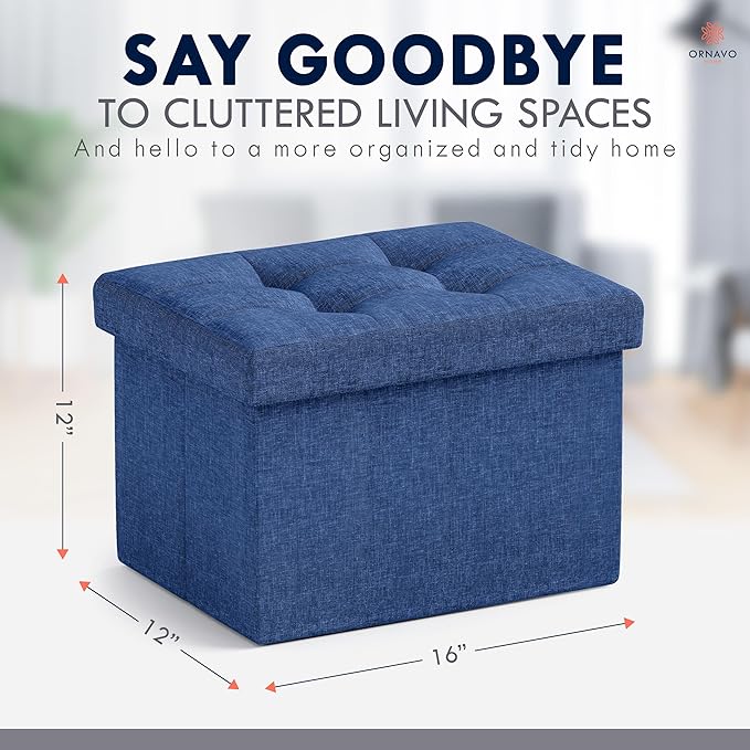Ornavo Home Small Storage Ottoman Foldable Collapsible Rectangle Linen Ottoman - Image 2