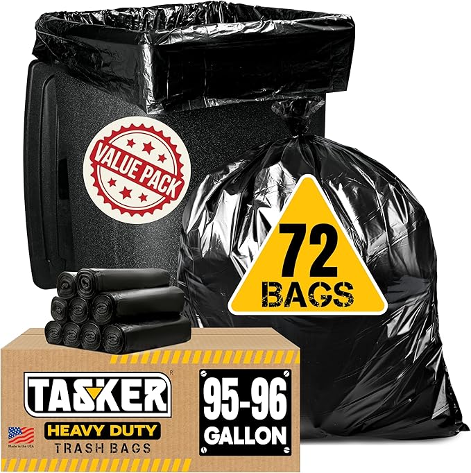 95 Gallon Trash Bags Heavy Duty | Mega-Value Pack 72 Bags | Extra Large Black by Tasker