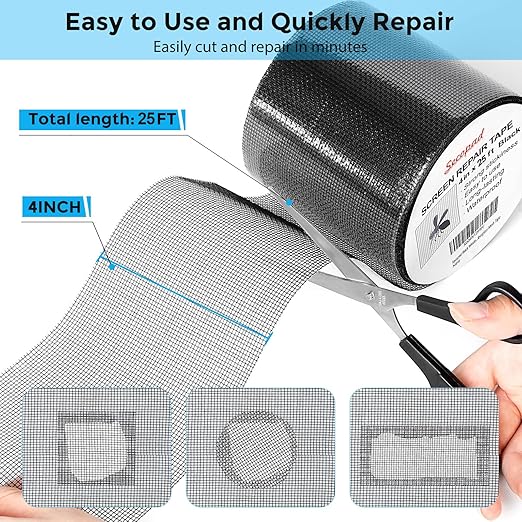 Black Window Screen Repair Tape, 4IN X 25FT Screen Repair Kit - Image 3