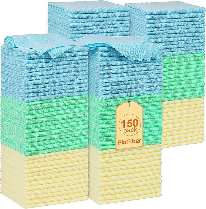 Shop Towels – 150 Pack Edgeless Microfiber Cleaning Cloths, Reusable Lint-Free by PioFiber