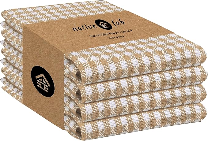 Native Fab Beige Gingham Kitchen Dish Towels 4 Pack 16"x26" by NativeFab