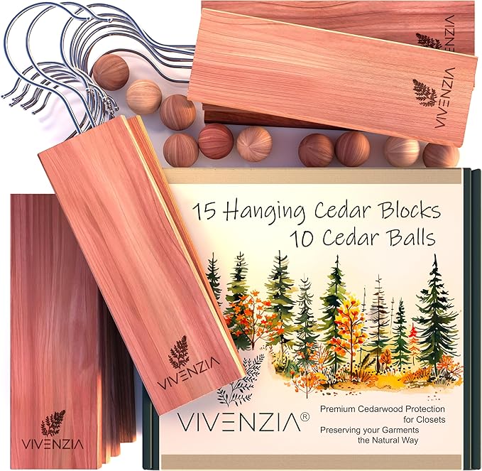 Cedar Blocks for Clothes Storage -25 pcs- Hanging Cedar Planks, Natural Closet by VIVENZIA