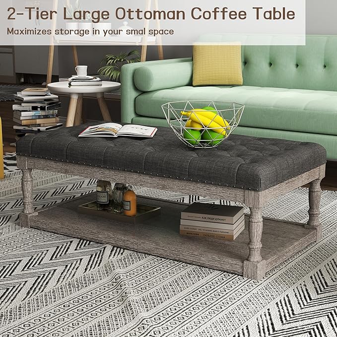 48" Large Ottoman with Storage Coffee Table, Upholstered Tufted Linen Ottoman - Image 4