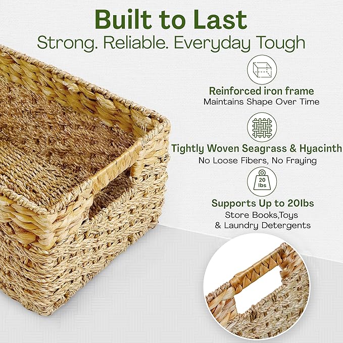 Medium Wicker Basket for Storage, Seagrass and Hyacinth Woven Baskets for Décor - Image 4