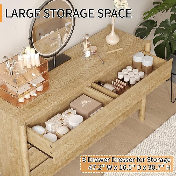 Dresser for Bedroom with 6 Drawers, Wooden TV Stand, Closet Clothes Organizer - Image 4