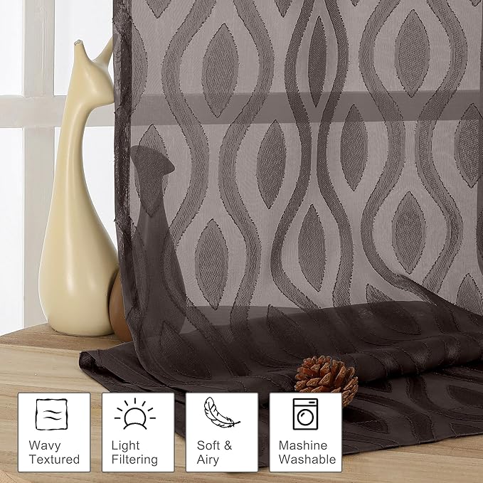 Aiyufeng Brown Valance Curtains 14 Inch Length, Chic Wavy Line Clip Jacquard - Image 2
