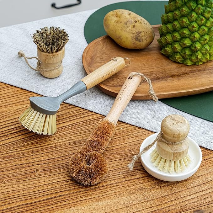 Natural Bamboo Dish Brush Bottle Scrub Brush 4-Piece Set, - Image 2