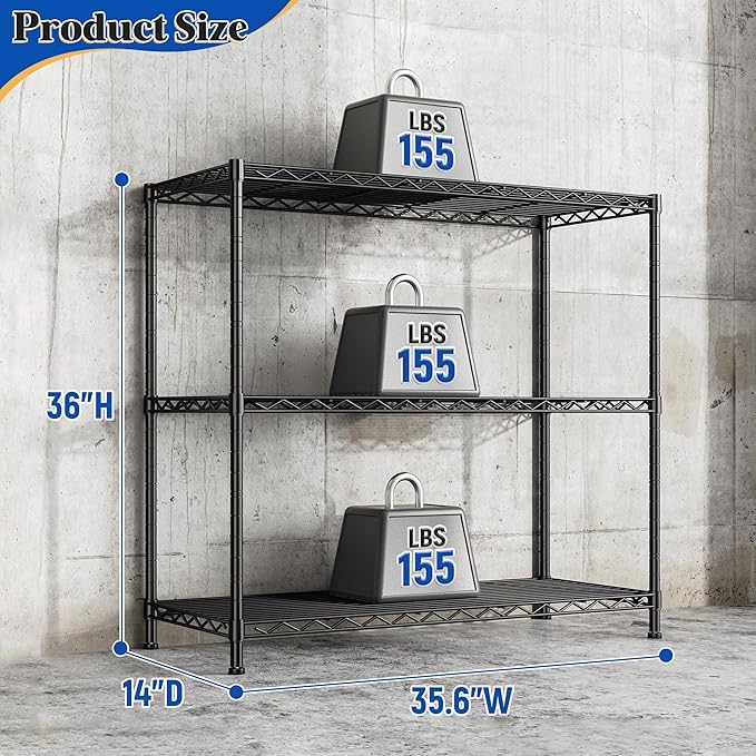 3- Shelf Metal Shelving Unit 35.6Wx14Dx36H Adjustable Storage Shelves Heavy - Image 3