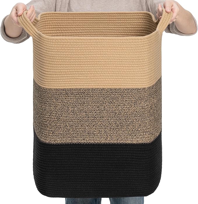 CLHMILY&Z 75L Laundry Basket Rectangular Black Jute Rope by ClhmilyZ