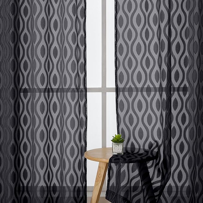 Aiyufeng Black Kitchen Curtains 14 Inch Length, Clip Jacquard Chic Wavy Line - Image 3