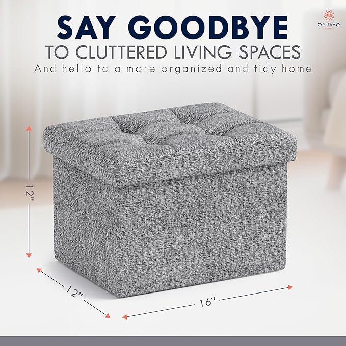 Ornavo Home Small Storage Ottoman, Foldable Collapsible Rectangle Linen Ottoman - Image 2