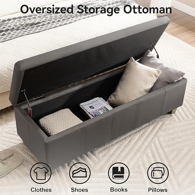 51" Faux Leather Storage Ottoman, Stitch Tufted Rectangle Upholstered End of - Image 3