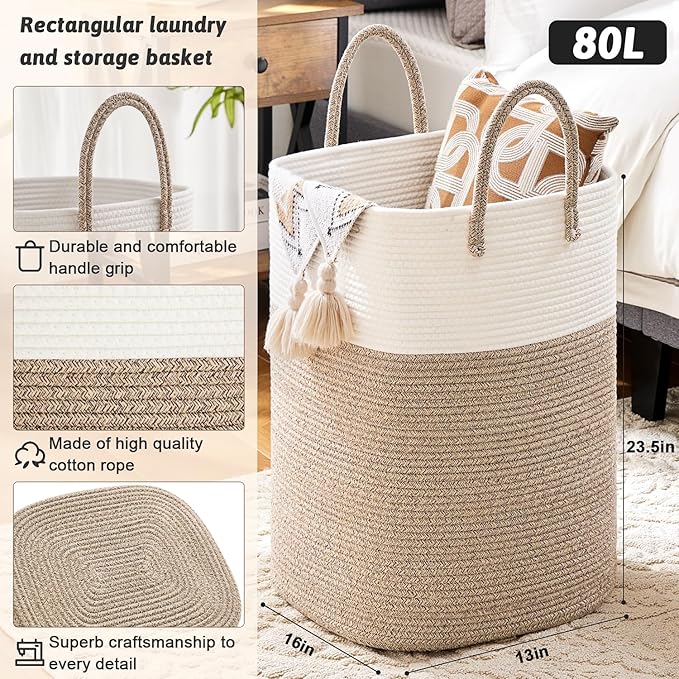 Laundry Basket, Woven Cotton Rope Laundry Hamper, Versatile Storage - Image 2