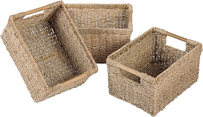 Natural Seagrass Basket with Wooden Handle, Medium Rectuangular Wicker Basket by VATIMA