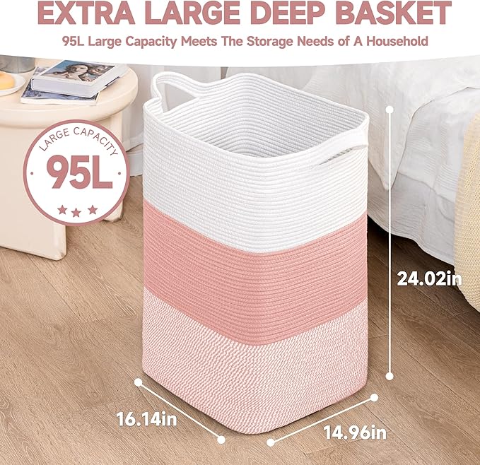CLHMILY&Z 95L Laundry Basket Rectangular Pink Rope - Image 6