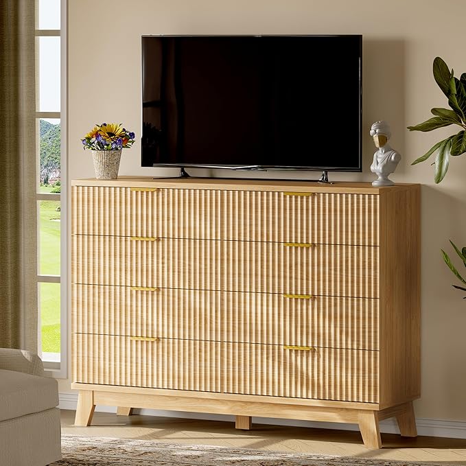 Fluted Dresser with 8 Drawers, Wooden Dresser TV Stand, Wood Closet Clothes - Image 7
