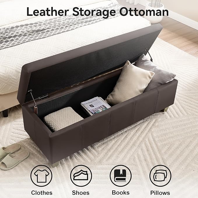 41" Faux Leather Storage Ottoman, Stitch Tufted Rectangle Upholstered End of - Image 3