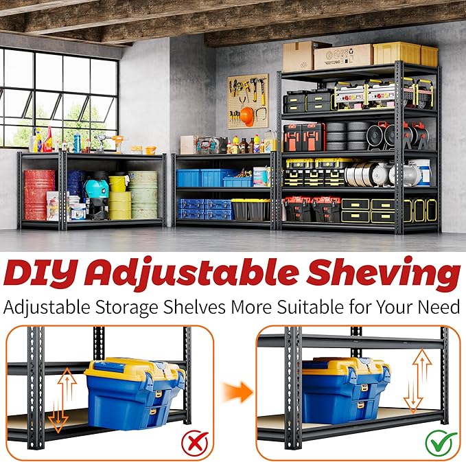 72"H Storage Shelves heavy duty, 2200LBS Garage Shelving, 5 Tier Metal Shelving - Image 6
