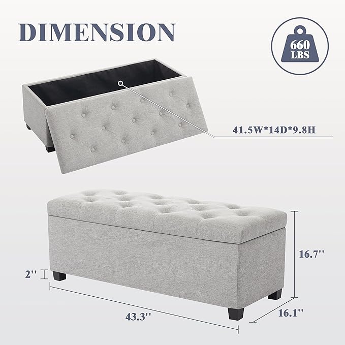 43’’ Storage Ottoman Bench, Linen Entryway Benches Load up to 660 Lb, Modern - Image 2