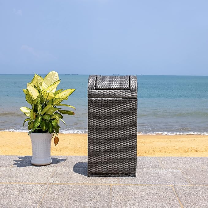 SAFAVIEH Outdoor Collection Mazeli Grey Brown Woven Swing Top Dome Lid Trash - Image 2