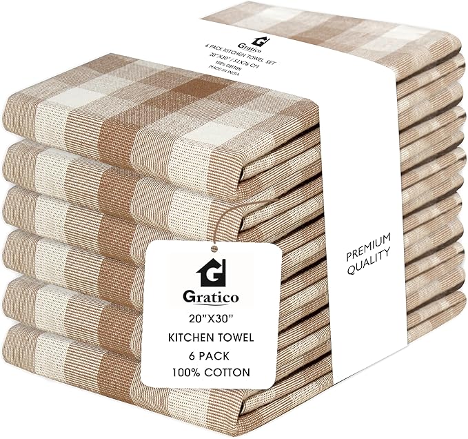 Kitchen Towels Set of 6 Brown/Ivory Checks 20x30 Inches 100% Cotton Highly by Gratico