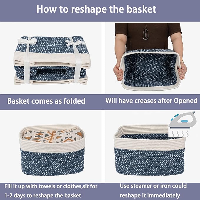 White and Blue Cotton Rope storage Basket Bins Woven Basket - Image 7