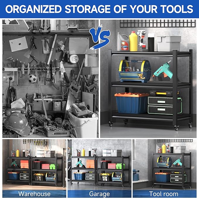 3 Tier Adjustable Garage Storage Shelving, Heavy Duty Utility Rack Shelf Unit - Image 7