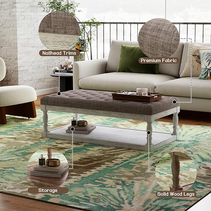 48" Large Ottoman with Storage Coffee Table, Upholstered Tufted Linen Ottoman - Image 3